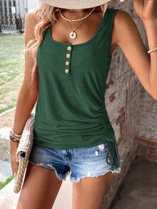 EMERY ROSE Plus Size Women's Half-Button Drawstring Side Vest - Dark Green - View 1
