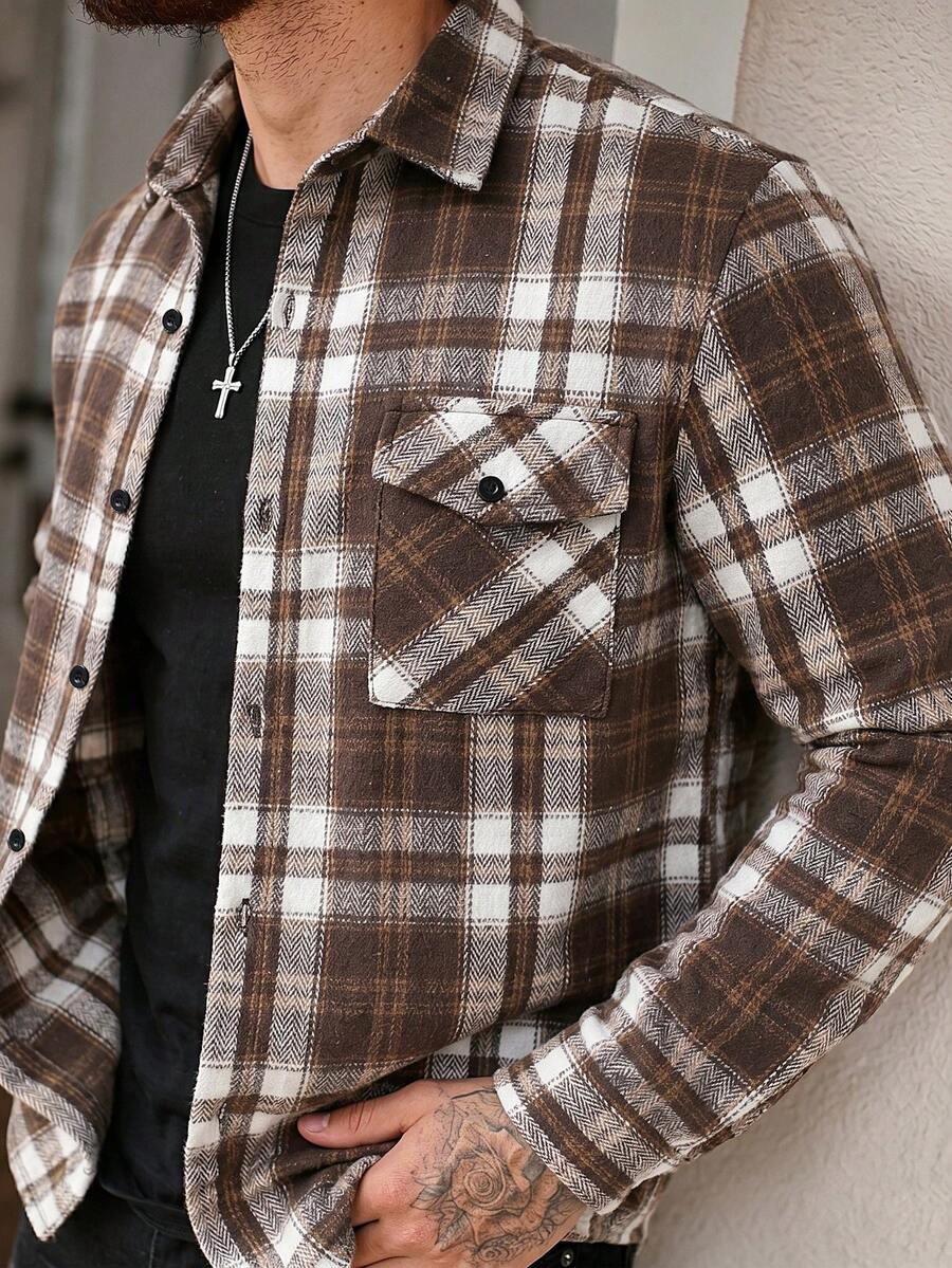 Manfinity Homme 男款格紋長袖單排扣休閒口袋襯衫外套 - 咖啡棕 - 查看 1