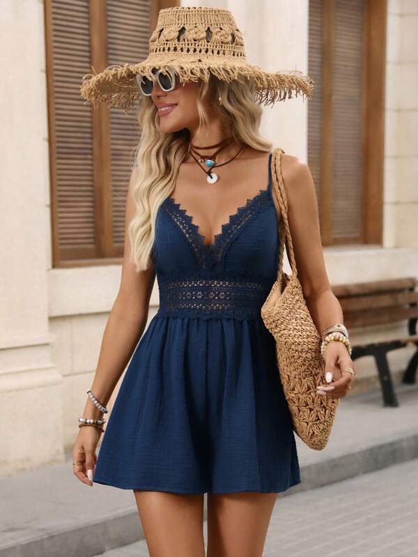  Brillora Women's Summer Casual Vacation Solid Color Woven  Lace Patchwork Short Women's Jumpsuit,Fashionable Vacation Blue Jumpsuit,Beach Jumpsuit