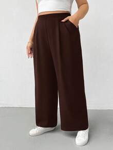 SHEIN Essnce 大尺碼女款春夏休閒柔軟顯身材商務休閒正式辦公約會棕色鬆緊腰寬腿褲 - 棕色 - 查看 4
