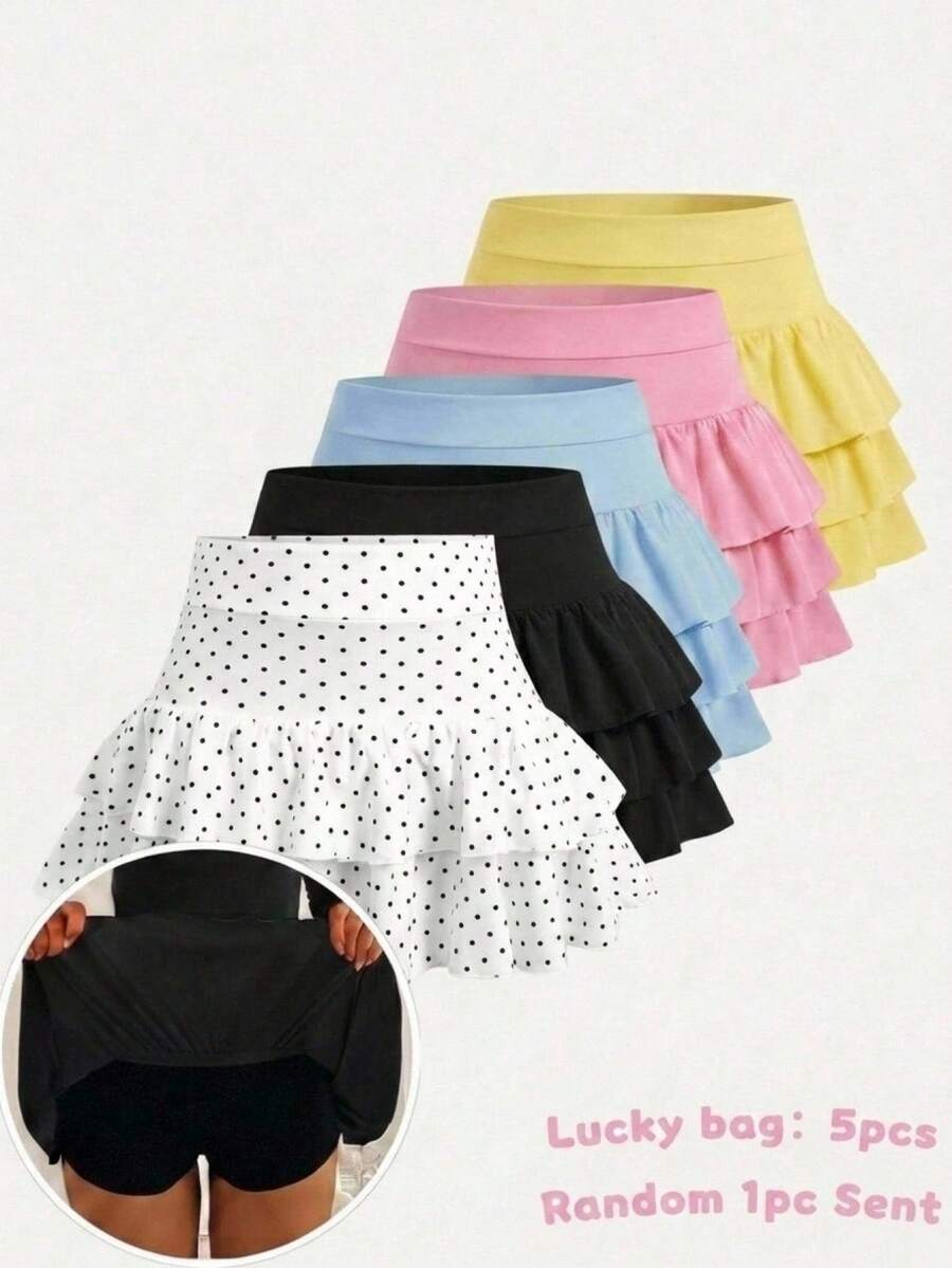 SHEIN Girlism 福袋:5件隨機發送1件 青少年女孩童裝 春/夏新款 白色針織休閒簡約波點印花修身百褶A字低腰迷你短裙,波點圖案短裙休閒時尚日常百搭 - 黑與白 - 查看 1