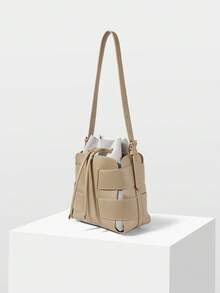 MOTF WOMEN'S FASHION GRAY SHOULDER BAG, EXQUISITE VACATION WOVEN HOLLOW BUCKET BAG, SUITABLE FOR DAILY, COMMUTING, SHOPPING, VACATION, TRAVEL - Grey - View 2