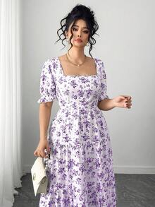 SHEIN Clasi 大尺碼女款花卉方領短袖荷葉邊優雅洋裝 - 彩色 - 查看 3