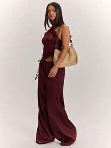 SHEIN BAE 女款蕾絲拼接掛脖上衣與長褲休閒日常套裝 - 紫紅色 - 查看 5