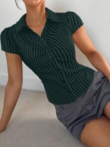 Siren Gaze Women's Dark Green Single-Breasted Fitted Versatile Daily Outing Everyday Shirt Summer Casual Sexy Smart Casual Elegant Office Daytime Going Out Night - Dark Green - View 5