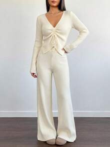 EURMUSE ECRU KNIT Two Pieces SET WITH DRAWSTRING FRONT TOP AND HIGH-WAIST PANTS WOMEN'S WEAR - Beige - View 1