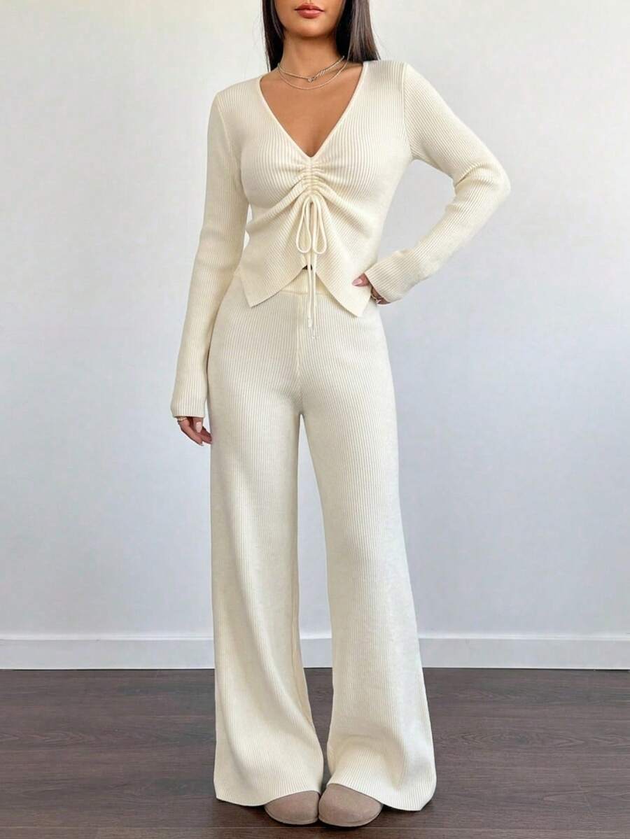 EURMUSE ECRU KNIT Two Pieces SET WITH DRAWSTRING FRONT TOP AND HIGH-WAIST PANTS WOMEN'S WEAR - Beige - View 1
