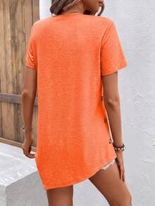 EMERY ROSE Women's Solid Color Round Neck Casual Versatile Daily Outing Short Sleeve Shirt - Orange - View 2