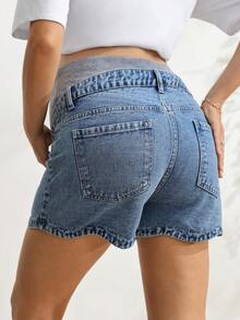 SHEIN Women's Adjustable Waist Pocket Casual Denim Shorts Navy Blue Summer - Medium Wash - View 2