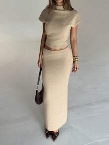 Aloruh Women's Autumn/Winter New Solid Camel Short Sleeve Sweater And Skirt 2 Pieces Set, Suitable For Home, Street, Daily Wear, Layering - Khaki - View 7