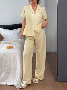Napfluff Lace Trim Bow Decor Striped Short Sleeve Top And Pants Pajama Set - Yellow - View 5