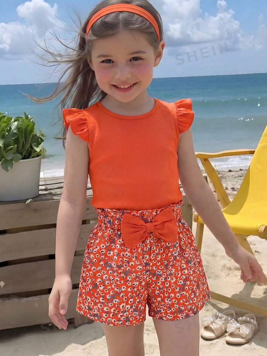 SHEIN Elladie kids 女童2件套:桃紅色針織圓領短袖套頭上衣搭配桃紅色花卉3D蝴蝶結短裙,適合日常出遊與玩耍,適用4-7歲女童,春/夏 - 橘色 - 查看 1
