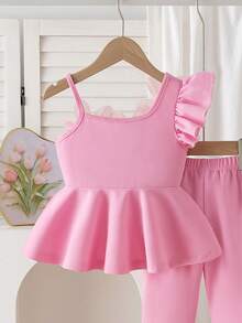 Elladie kids Teen Girls 2-Piece Spring Summer Set, Fresh Pink Floral Pearl Embellished One Shoulder Top With Flared Trousers, Ideal For Party & Vacation - Pink - View 9