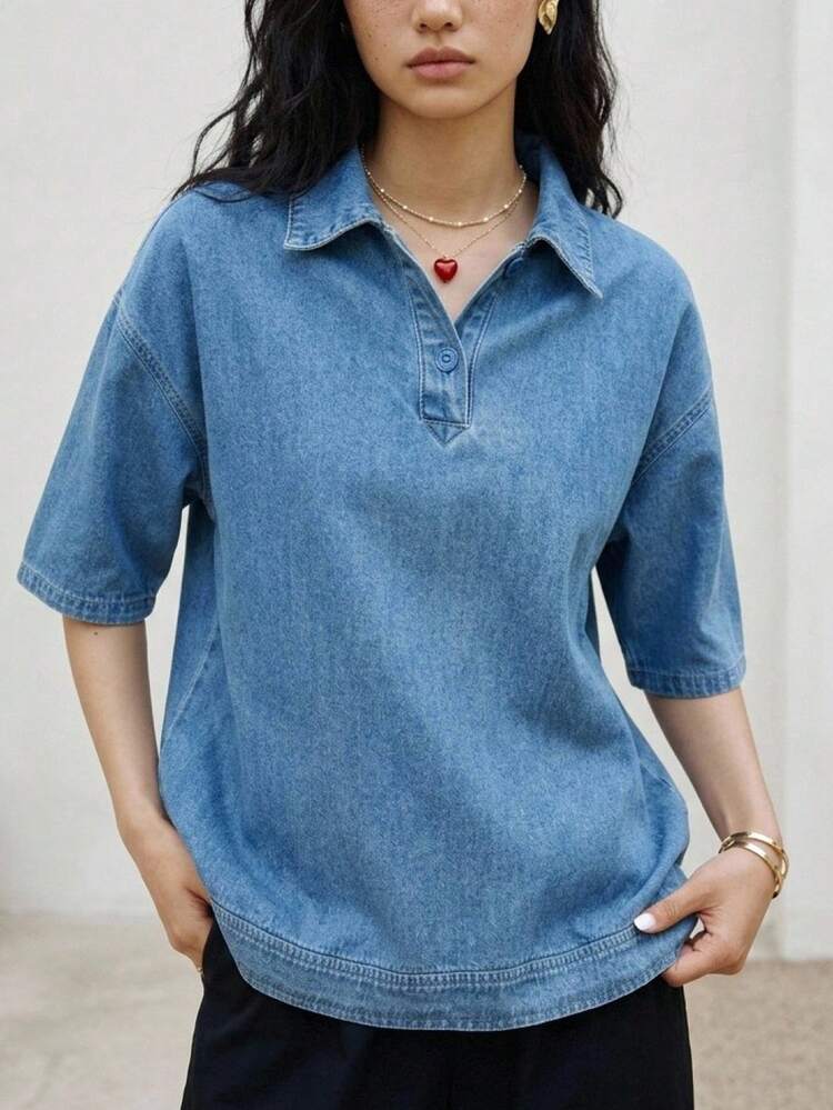 Women's Loose Half-Placket Blue Short Sleeve Denim Top, Spring & Summer Business Casual Woman