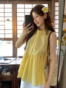 DAZY Women's Wood Ear Trim Round Neck Button Half Placket Casual Sleeveless Shirt - Yellow - View 7