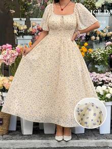 GalTyme Plus Size Women's All-Over Print Pleated Elegant Waist-Defining Party Dress - Multicolor - View 1