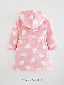 Cozy Pixies 女童愛心圖案保暖內裡厚絨連帽長袖繫帶家居浴袍 秋季睡衣 - 粉色 - 查看 2