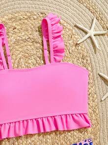 SHEIN Tween Girl Colorful Leopard Print Pink Ruffle Swimsuit Set - Pink - View 3