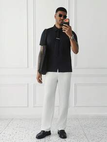 Manfinity Homme 男士休闲宽松直筒白色条纹轻薄长裤，适合春夏穿着 - 白色 - 查看 6