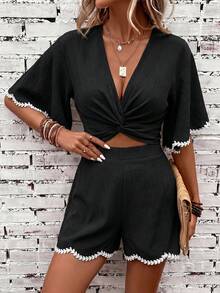 SHEIN Clasi Women's Summer Contrast Color Ruffle Elegant Vacation Shorts Set - Black - View 3