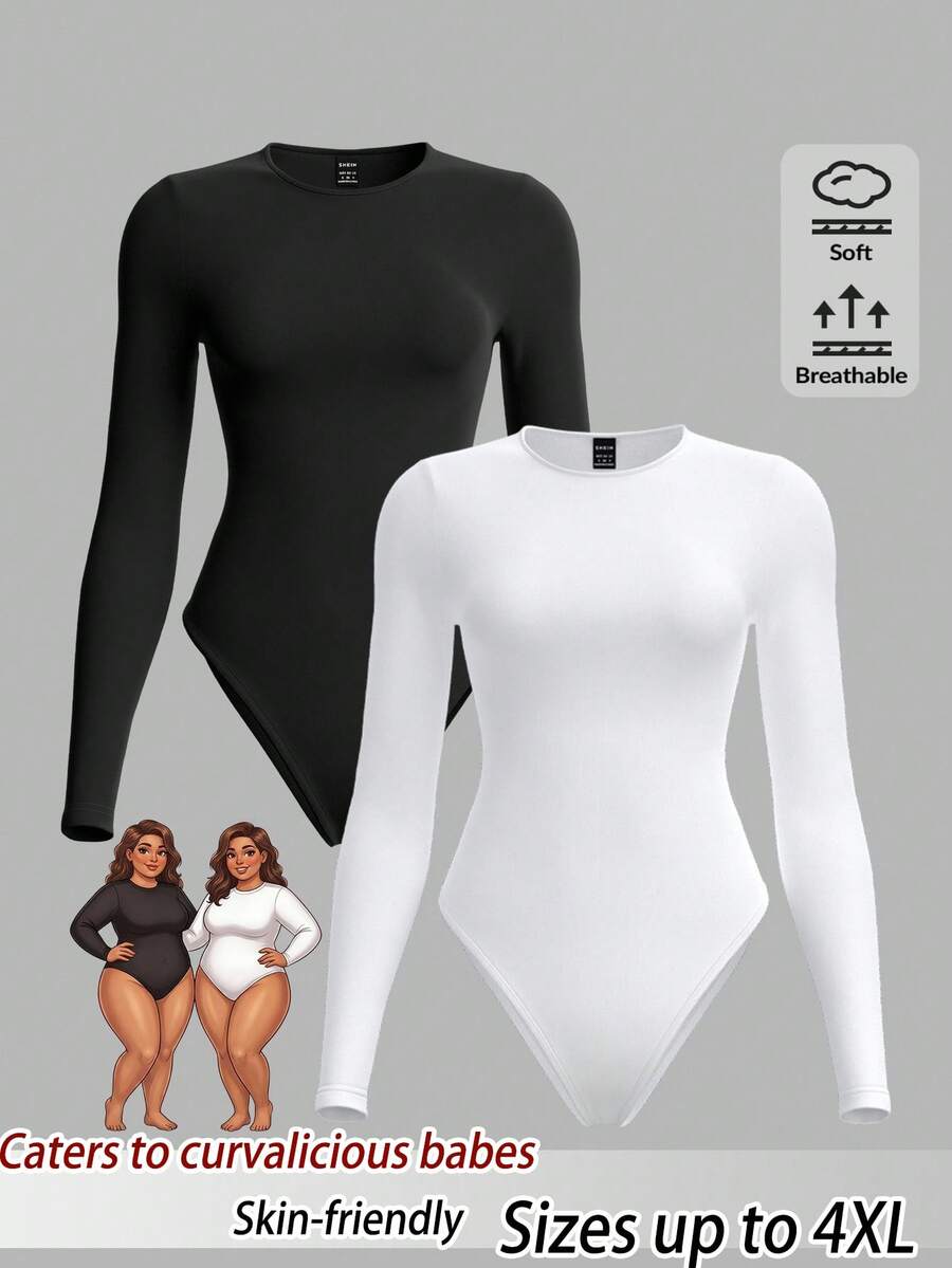 SHEIN BASICS 2pcs/Set Plus Size Casual Solid Color Crew Neck Long Sleeve Bodysuit, Spring/Autumn - Multicolor - View 1