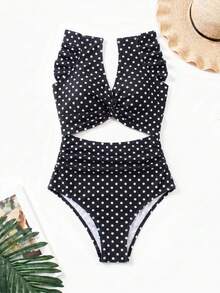 Swim Vcay 女款度假海灘波點印花鏤空設計荷葉袖連身泳衣 - 彩色 - 查看 3