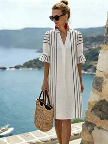 SHEIN Clasi Women's Summer Casual Striped Short Dress - Apricot - View 4