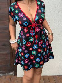 Sunnyshic Betty Boop x SHEIN Plus Size Women's Vacation Cartoon Print Deep V-Neck Tie-Front Dress Going Out Holiday Black Summer 90s Cute Kawaii Y2k - Black - View 1
