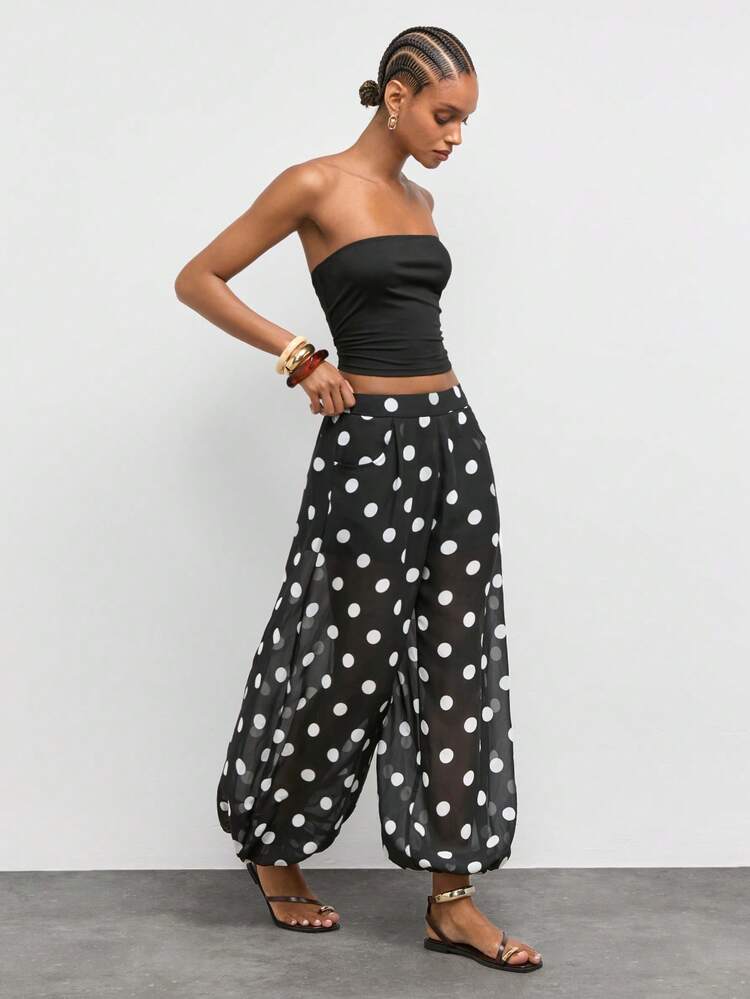 SHEIN Maija Women's Polka Dot Print Pocket Casual Cuffed Long Pants,Pantalon Fluide Femme,Going Out Outfits,Summer Holiday Outfits