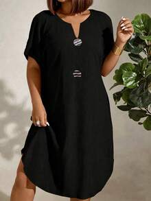 EMERY ROSE CURVE Plus Size Women's Spring/Summer Solid Color Knit Textured Fabric V-Neck Curved Hem Personalized Large Button Decor Loose Casual Home Comfortable Mid-Length Dress - Black - View 1