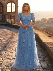 Glamrae Plus Size Elegant Romantic Champagne Square Neck Short Sleeve Sheer Rhinestone & Pearl Embellished A-Line Evening Gown For Wedding Party Celebration Formal Occasion Event (Heavy Work Design) - Dusty Blue - View 6