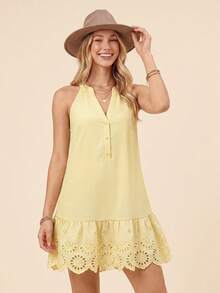 Coeurva Women's Pale Yellow Sweet French Style Button Half-Placket Lace Patchwork A Hem Dress, Elegant Boho Holiday Beach Brunch Vacation Outfits, Summer - Yellow - View 8