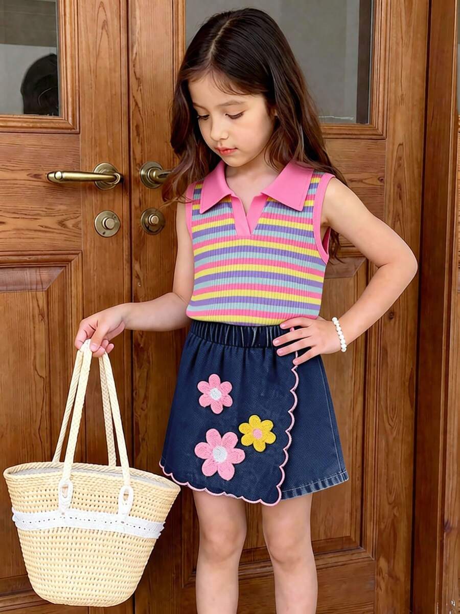 SHEIN Playful Pals 2件組少女夏季彩虹條紋紋理針織POLO領拼接背心上衣與牛仔裙褲，花卉刺繡，復古陽光可愛套裝