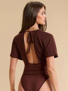 SHEIN BAE Body in rete marrone primavera/estate, scollo a V profondo, maniche a pipistrello, arricciato, trasparente, senza schienale, con lacci, aderente, sexy, per discoteca e feste, strato base - Castano - Visualizzare 2