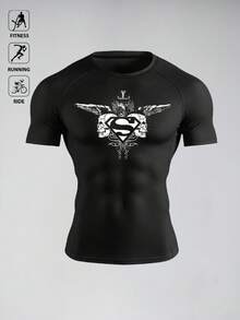 SUPERMAN X SHEIN RISE LYT Men's Graphic & Letter Print Slim Fit Round Neck Short Sleeve Sports T-Shirt, Summer, Gym, Holiday - Black - View 3