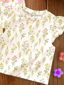 SHEIN LMoss Kids 3件裝少女休閒可愛荷葉袖圓領T恤，春夏花卉、雛菊、植物、蝴蝶結系列T恤套裝，粉色、學校、奶油白、黃色 - 彩色 - 查看 8