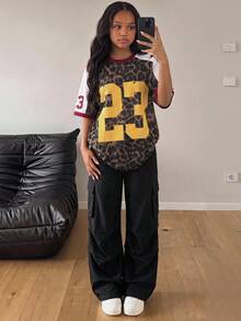 SHEIN Tween Girl Casual Sporty Numeric & Leopard Print Contrast Color Mesh Breathable T-Shirt And Cargo Pants Set, Spring/Summer/Autumn - Multicolor - View 3