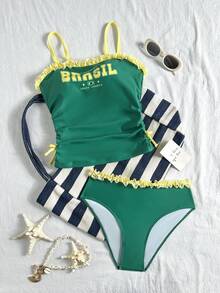 SHEIN Girlism Kids Teen Girl Teen Girls Beachwear Tankinis Spring Summer Colorblock Bikini Brazilian Print 2pcs Set Swimwear Beach Vacation Swimsuit - Multicolor - View 3