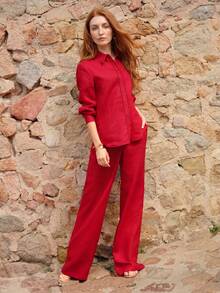 MOTF Petite SUMMER LIGHTWEIGHT VACATION LACE HOLLOW DETAIL 100% PURE LINEN RED SHIRT ,PETITE WOMEN - Red - View 3