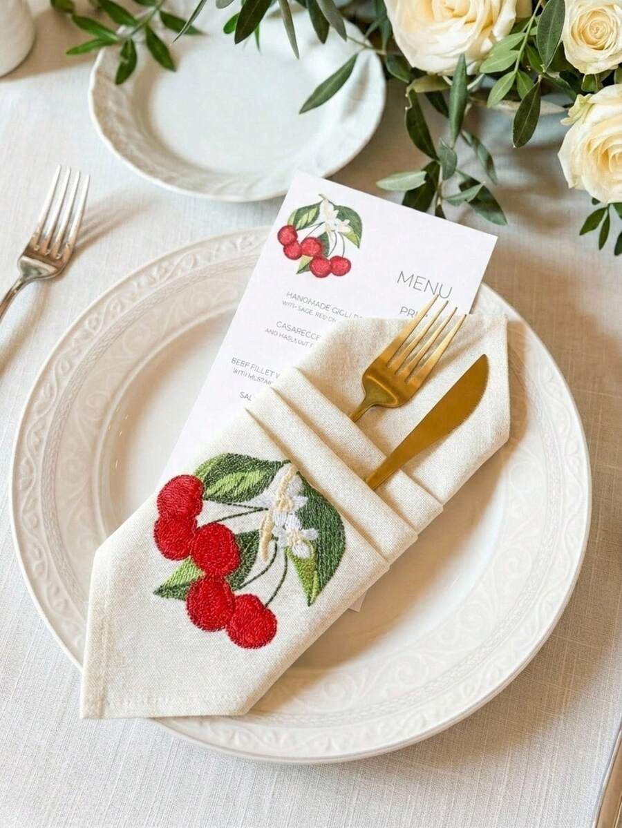 Cirelle 1/2/4pcs Cherry Embroidered Cotton Napkins, Cute Fruit & Floral Cloth Napkin, Reusable & Washable Dinner Napkins For Kitchen, Party, Wedding, Home Table Decor - Multicolor - View 1
