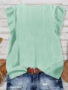 Rusticease Women's Solid Color Short Flutter Sleeve Blouse, Casual Minimalist Style, Suitable For Summer - Mint Green - View 2