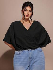 SHEIN BAE 大尺碼女款杏色重疊不對稱中長袖休閒寬鬆襯衫 - 黑色 - 查看 4