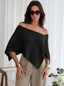 Aloruh Women's Solid Color Off-Shoulder Casual Versatile Daily Knit Top - Black - View 4