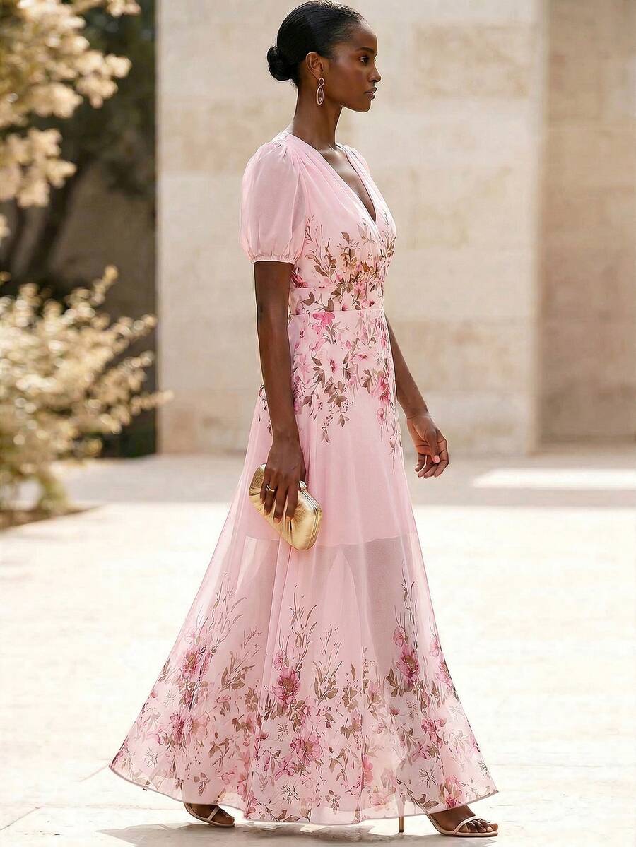 SHEIN Clasi Plus Size Ditsy Floral V-Neck Chiffon Dress, Summer - Pink - View 1