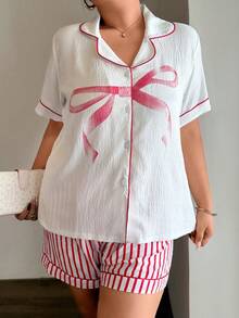Napfluff CURVE Napfluff CURVE Sweet Bow Print Short Sleeve Top Pink Shorts Plus Size Women's Pajama Set Night Summer - Multicolor - View 1