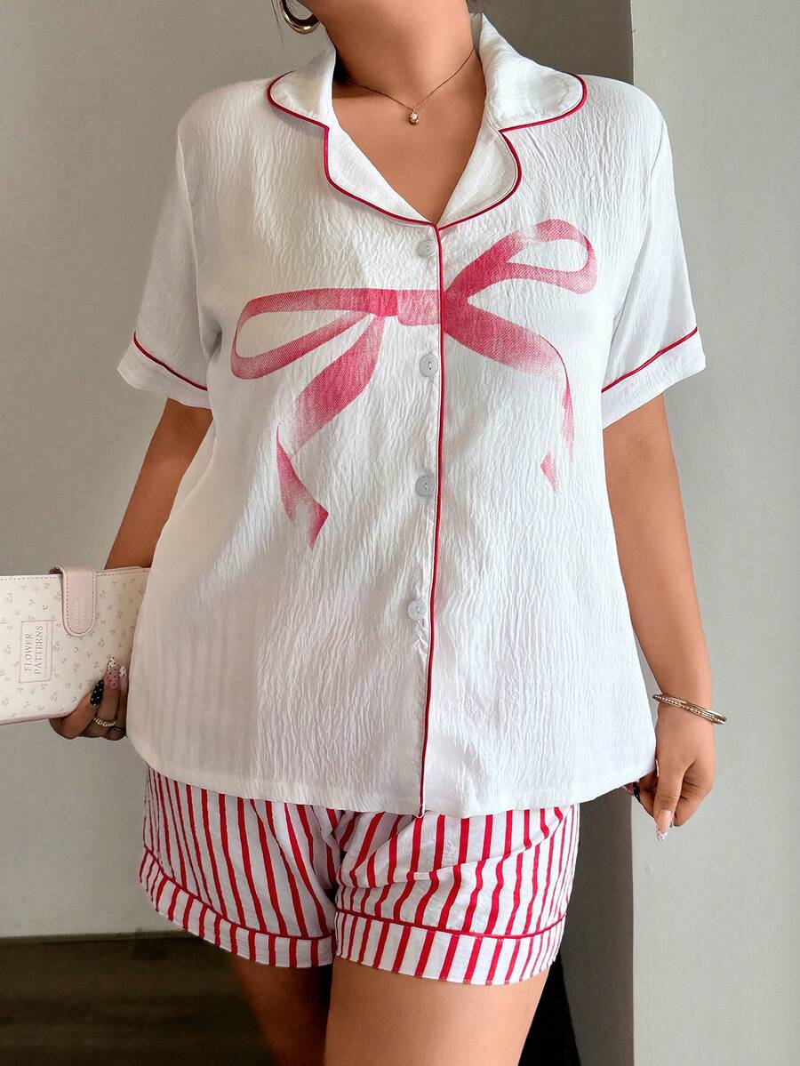 Napfluff CURVE Napfluff CURVE Sweet Bow Print Short Sleeve Top Pink Shorts Plus Size Women's Pajama Set Night Summer - Multicolor - View 1