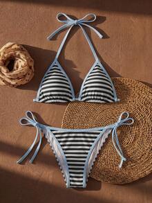 Anewsta Bộ bikini hai mảnh nữ mùa hè đi biển họa tiết kẻ sọc, cổ yếm buộc dây, phong cách gợi cảm thời trang - Nhiều màu - Xem 4