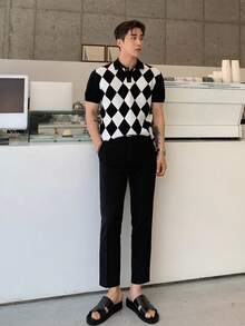DAZY Nam Họa tiết Argyle Cổ Polo Knit ngọn - Đen và trắng - Xem 4