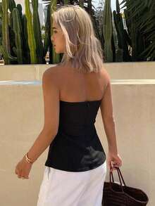 Strévra Bandeau Style Solid Color Ribbed Vacation Casual Basic Top Going Out Night Black Summer - Black - View 2