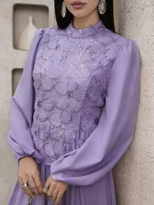 Feyla 女款網紗亮片刺繡 2合1不對稱下擺百褶長袖洋裝 - 紫色 - 查看 6